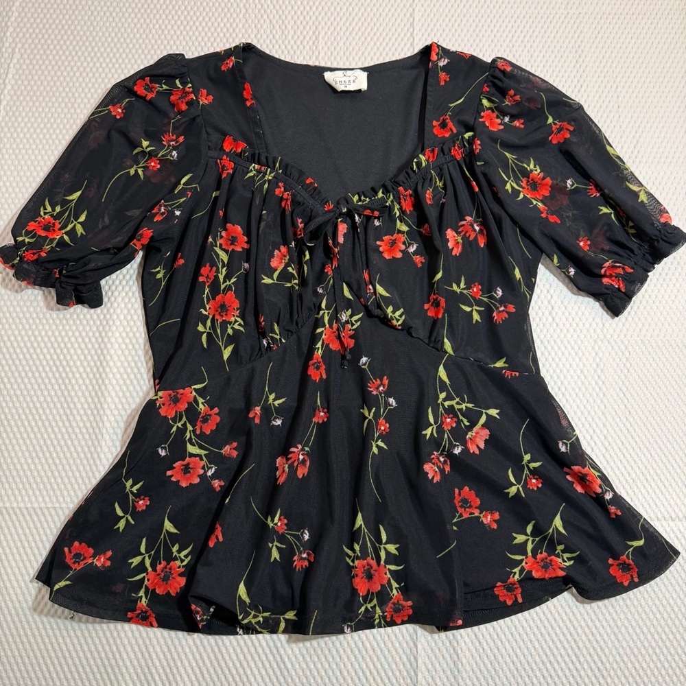 Ember Floral Babydoll M Black Top Red Sheer Grunge Whimsygoth Cottagecore